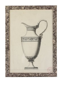 Grecian maske saplı bir ibrik için tasarım (siyah kurşun, kalem ve siyah mürekkep, kağıt üzerinde gri ve siyah yıkama)