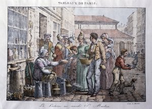 Paris sokaklarında eski ticaret: Saint Martin pazarının sütçü kızı (Saint-Martin) - Jean Henry Marlet (1771-1847) tarafından “Les Tableaux de Paris”te gravür, 72 baskı serisi, 19. yüzyılın sonu Yüzyıl