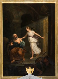 Bölge kilisesi (Nederbrakel, Bölge Kilisesi Sint-Pieter-in-de-Banden). İç mekan. tablo. "Aziz Peter melek ve Thomas tarafından teslim edildi". Jean-Henri DeCoene. yaklaşık 1835. by Jean Henri de Coene