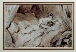 Mutlu an Bir yatakta birbirini okşayan bir çift. Bistre Yıkamada Çizim Jean Honore Fragonard (1732-1806) 18. yüzyıl Özel Koleksiyonu by Jean Honore Fragonard