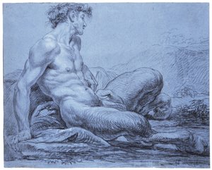 Oturan Faun, c.1755-57 (mavi kağıt üzerine siyah beyaz tebeşir) by Jean II Restout