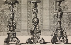 Büyük bronz şamdanlar, gravür Jean Berain (1640-1711)
