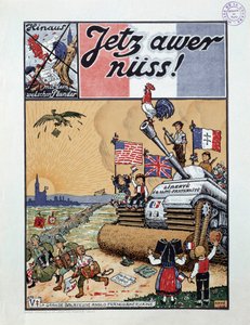 Büyük Fransız Amerikan Anglo süpürücü İkinci Savaşın sonunda Alsace'den Almanları kovalayan müttefiklerin saldırı tankını temsil eden 'Jetz awer nuss' dergisinden biri