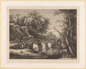 Taş bir köprü üzerinde figürlerle manzara by Jean Jacques de Boissieu