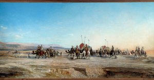 Çölde göçebe ve develerden oluşan bir kamp kervanı arıyorum. Tablo Jean Joseph Bellel (1816-1898) 19. yüzyıl Montpellier, Musee Fabre - Kamp mı arıyorsunuz. Çölde göçebe kervanlar ve develer. Jean Joseph Bellel