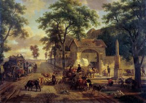 Köylüler, sürüler ve çobanlarla dolu bir Peyzaj yolu. Jean Louis Demarne (1744-1829) 19. yüzyıl tablosu. karartmak 0,5x0,61 m.