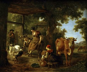 Çiftlikte. Kırsal yaşamdan bir sahne par Demarne, Jean-Louis (Jean Louis de Marne ou de Marnette) (yaklaşık 1752-1829). Tuval üzerine yağlı boya, 18. Yüzyılın İkinci Yarısı, Devlet A. Radishchev Sanat Müzesi, Saratov