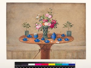 Bir vazo çiçek ve bir çay servisi ile natürmort, 1810