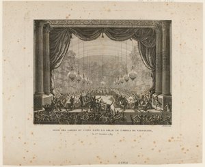 Korumaların, Flanders alaylarının, Montmorency ejderhalarının ve Versailles Ulusal Muhafızlarının Bayramı. Ulusal Kokart#39;ı çiğneyerek, quot;Aristokrat Konfederasyonuquot;nun bir işareti olan siyah kokartı sergiliyorlar