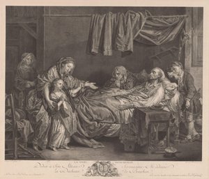 Hasta bir yatak etrafında aile La Dame Bienfaisante (nesne üzerindeki başlık) by Jean Massard