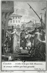 Candide ... dehşet içinde üç adım geri attı ve ardından iyi bir süreçle ilerledi, Jean Louis Delignon (1755-1804) 1787 tarafından oyulmuş Francois Voltaire (1694-1778) Candide