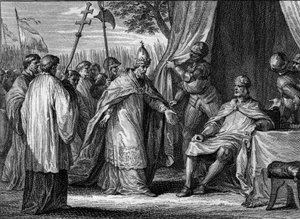 Kral ile oğulları Lothaire, Pepin ve Louis arasındaki anlaşmazlığı çözmek için Papa IV. Jean Michel Moreau