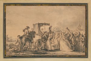 Marie Antoinette, arabasından iniyor ve kortejiyle çevrili, bir köylüyü teselli ediyor, 1773 by Jean Michel the Younger Moreau