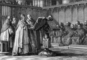 Dindar II. Robert (970-1031), Frankların Kralı, bir kürsü önünde bir dini ayinde şarkı söylüyor. Tacını giyer ve asasını tutar. Jean Michel Moreau