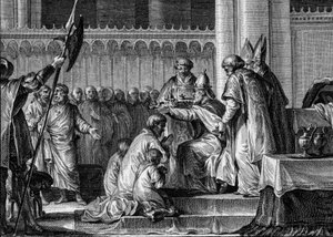 Kutsal Pepin the Brief (714-768), Saint Denis Bazilikası, 28 Temmuz 754: Papa II. Stephen, onu Frankların kralı ve Romalıların Patrice