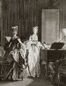 Saint Preux ve Claire, İsviçreli filozof Jean Jacques (Jean-Jacques) Rousseau (1712-1778) tarafından “Julie ou la nouvelle Heloise” deki klavsende - Moreau le jeune, Jean Michel (1741-1814) tarafından gravür (Saint -Preux, klavsene yerleşir, öper by Jean Michel the Younger Moreau
