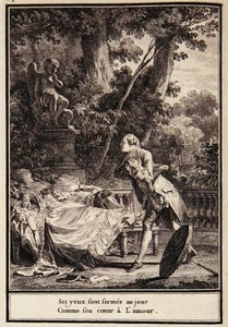 "Kalbinde aşk olduğu için gözleri güne kapalı", Laborde tarafından "Choix de Chansons"dan bir illüstrasyon by Jean Michel the Younger Moreau
