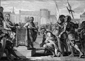 Tassilon III (Tassillon, Tassilo, 742-794), Duke of Baviere, prostrates to Charlemagne (747-814), King of the Franks, at Ingelheim, 788. He was convicted of treason and sentenced to death but ended his life in a monastery. Engraving by Jean Michel Moreau,  by Jean Michel the Younger Moreau