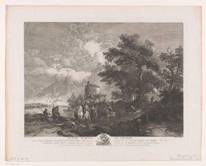 Petite Partie de Chasse köprüsü olan bir manzarada avcılık şirketi (nesne üzerindeki başlık) Philips Wouwerman'ın tablolarından sonraki baskılar (seri başlığı) Oeuvres de Ph.pe Wouwermans Hollandois (seri başlığı) by Jean Moyreau