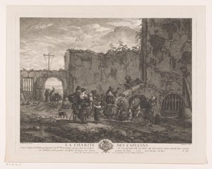 Rahipler avluda hacılara yiyecek dağıtıyor La Charité des Capucins (nesne üzerindeki başlık) Philips Wouwerman