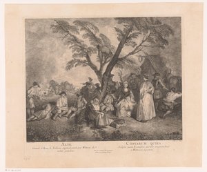 Rustende reizigers bij een dur Alte - Copiarum Quies (nesne üzerindeki başlık) Antoine Watteau