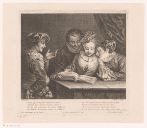 Bir masada şarkı söyleyen genç kadın ve üç genç adam Antoine Watteau