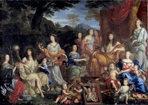 Kral Louis XIV ve ailesi mitolojik figürlerde kılık değiştiriyor Sağda tahtta oturan kral Apollon giymiş. Sağ altta Avusturya Kraliçesi Mary Therese Juno giymiş. Resmin ortasında, Au Kraliçesi Anne Anne