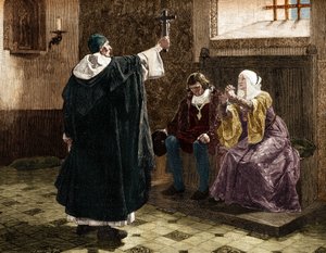 Büyük İspanyol engizisyon görevlisi Fray Tomas de Torquemada (1420-1498), Katolik krallar Ferdinand II ve Kastilyalı Isabella 1. arasında