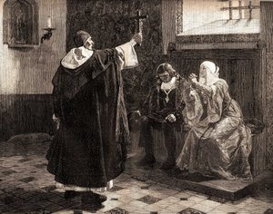 Büyük İspanyol engizisyon görevlisi Fray Tomas de Torquemada (1420-1498), Katolik krallar Aragon Kralı II. Ferdinand ve Kastilyalı Isabella arasında