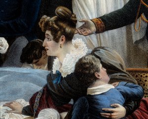 Napolyon'un Ölümü, 5/05/1821 Saint Helenedetail'de Henri Gatien Bertrand'ın (1773-1844) karısı Fanny Bertrand'ı temsil ediyor. Charles Auguste Steuben (1788-1856) Malmaison'un resmine dayanan Jean Pierre Marie Jazet (1788-1871) tarafınd
