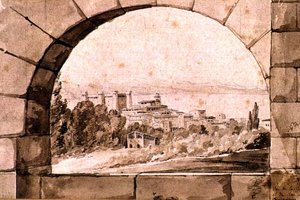 Bracciano Kasabası ve Gölü manzarası, c.1810 (kağıt üzerinde sepya yıkamalı kalem ve sepya mürekkebi) by Jean Thomas Thibault