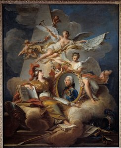 Louis Charles Auguste Fouquet, Belle Isle Dükü, Fransa mareşalinin (1684-1761) alegorik portresi. Bir resimde resim yapmak. Jean Valade (1709-1787) 1758 Sun tarafından boyama. 1x0.8 m