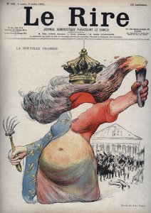 Yeni oda - Marianne, yüzü bir Frig şapkasıyla kapatılmış - Marianne iki parçalı bir elbise giymiş: bir kırmızı taraf ve diğer yan süs çiçeği - (Karikatür, cumhuriyetçiler ve monarşistler arasındaki siyasi bölünmeye atıfta bulunuyor) ) - çizim