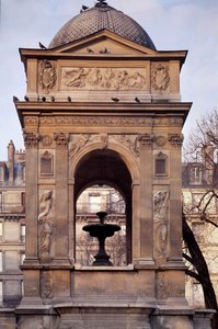 Mimari: Masumlar çeşmesinin görünümü. Mimarlar Jean Goujon, Augustin Pajou ve Pierre Lescot tarafından tasarlandı. 1546-1549. Joachim du Bellay, Paris