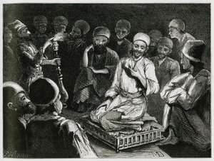 İranlı hikaye anlatıcısı, dinleyicilerinin etrafını sarar. Gezgin yazar tarafından “Pers, Chaldee ve Susiane” hikayesini göstermek için gravür by Jeanne Dieulafoy