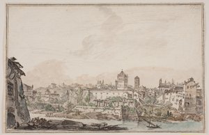 Nehir kenarında evleri ve kilisesi olan şehir prospektüsü. Antik Roma by Jens Petersen Lund