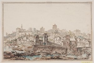 Nehir kenarında evleri ve kilisesi olan şehir prospektüsü. Antik Roma by Jens Petersen Lund