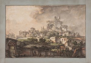 Ön planda duvar, arka planda kilise ve harabe olan Roma umudu