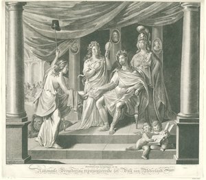 Ulusal Meclis Üzerine Alegori, 1796 Hollanda Halkını Temsil Eden Ulusal Mecliste Sembolik Sanat Baskısı (nesne üzerindeki başlık) by Jeremias Snoek