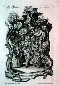 Kış, süslü bir elbise topu, pub tasvir eden rokoko müzik sayfası. Johann Georg Hertel tarafından by Jeremias Wachsmuth