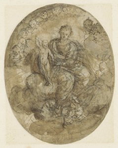 Bulutların üzerinde melekler arasında çocukla Madonna by Jeronimo Jacinto Espinosa