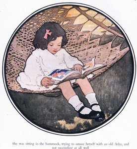Hamakta oturuyor, eski bir atlasla kendini eğlendirmeye çalışıyor ve hiç başarılı olamıyor (renkli taş) by Jessie Willcox Smith
