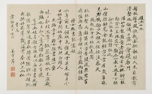 Yirmi iki dikey yazı satırına sahip hat (katlanmış çift sayfada mürekkep) by Jiang Shijie