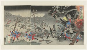 Rus-Japon Savaşı sırasında Mançurya'daki demiryolunun tahrip edilmesi Nichiro Shiberia tetsudô Manshûsen hakai no zu (nesne üzerindeki başlık) by Jinsai Rosetsu