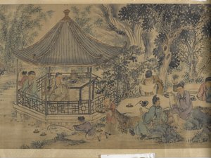 Lanting Orchid Pavilion'da Buluşma (saten üzerine mürekkep ve renkli) by Jiuru Chen