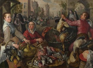 Dört Element: Hava. Arka Planda Müsrif Oğul ile Bir Tavuk Pazarı, 1569 by Joachim Beuckelaer