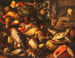 Kilerlerdeki Sepetler ve Kaselerdeki Av Hayvanları, Balık, Meyve ve Sebzeler, 1569 by Joachim Beuckelaer