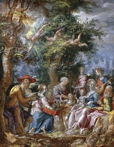 Azizler ve Melekler ile Kutsal Aile by Joachim Wtewael or Utewael