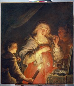 Kibir Alegorisi. Sarı saçlı genç bir kadın, bir adamın tuttuğu aynanın önünde bir makasla bir tutam saçı keser, bir çocuk onu meşaleyle yakar. Joachim von Sandrart (1606-1688), bugün tarafından tablo