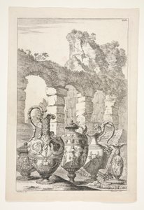 Harabelerle Bir Manzarada Üç Sürahi, Kapalı Bir Vazo ve Bir Şamdan by Joachim von Sandrart